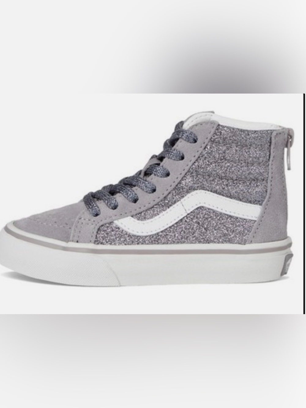 Vans SK8- Hi . Kids High-Top Sneakers in Glitter Gray and White. Back zipper.